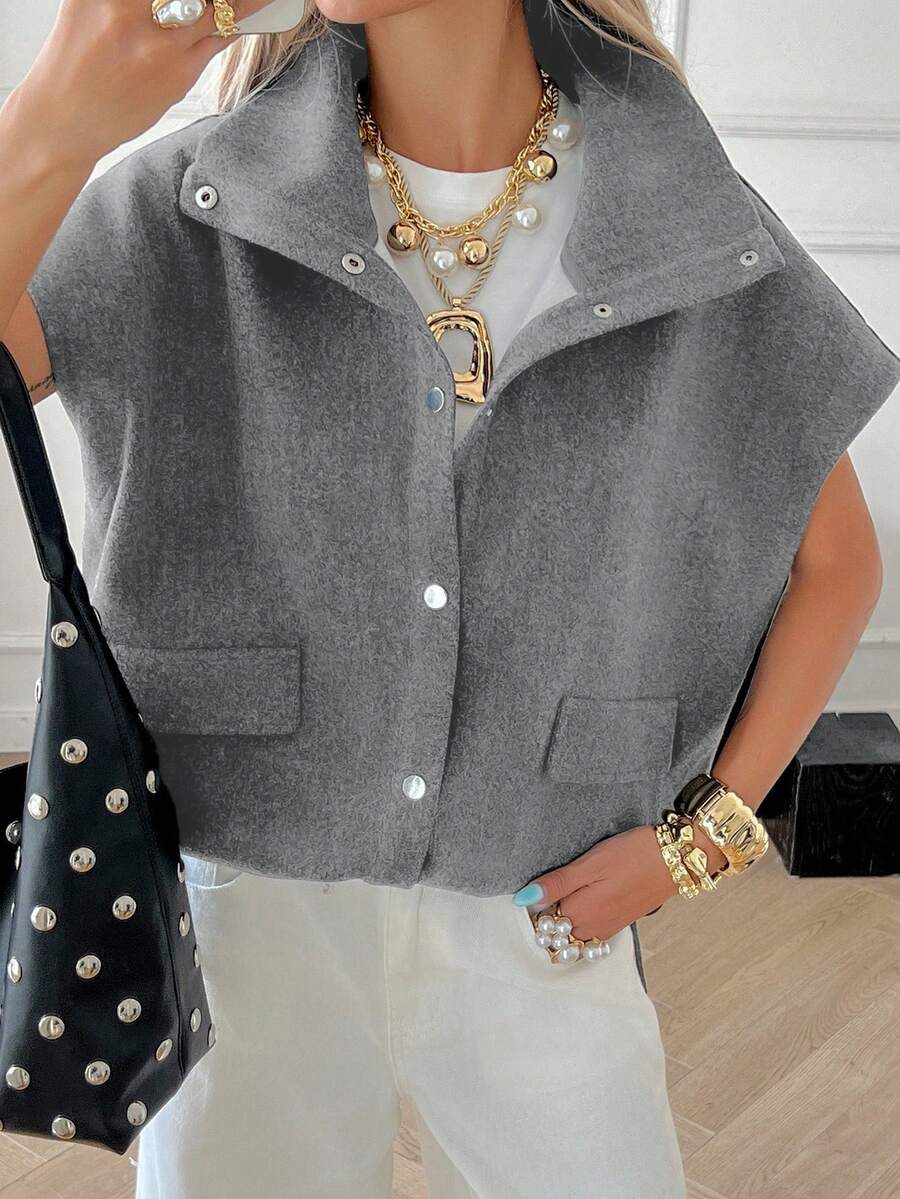 Livesso 女士秋季无袖宽松休闲常规夹克外套 - 淺灰色 - 查看 1