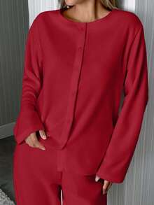 EURMUSE Minimalist Button Front Loungewear Pajama Set – Soft Two Pieces Long Sleeve Top & Wide Leg Pants In Red - Red - View 5