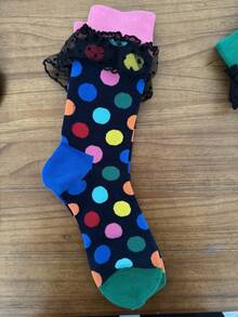 ROMWE Kawaii Tất cổ cao họa tiết chấm bi lưới xếp nếp dễ thương cho nữ - Màu xanh lam - Xem 6