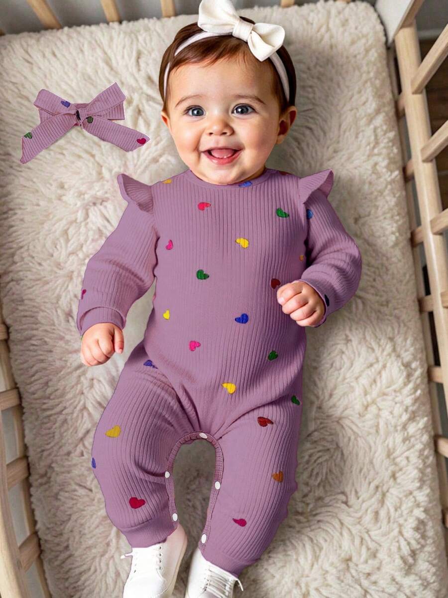 SHEIN 情人节新生儿爱心印花连体衣，舒适针织休闲连体衣配发带，秋冬季款 - 紫色 - 查看 1