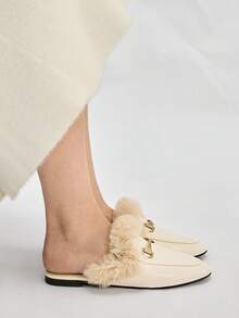 Mnmlis 2025新款女士毛绒平底一脚蹬乐福鞋，保暖内里，秋冬季 - 米色 - 查看 3