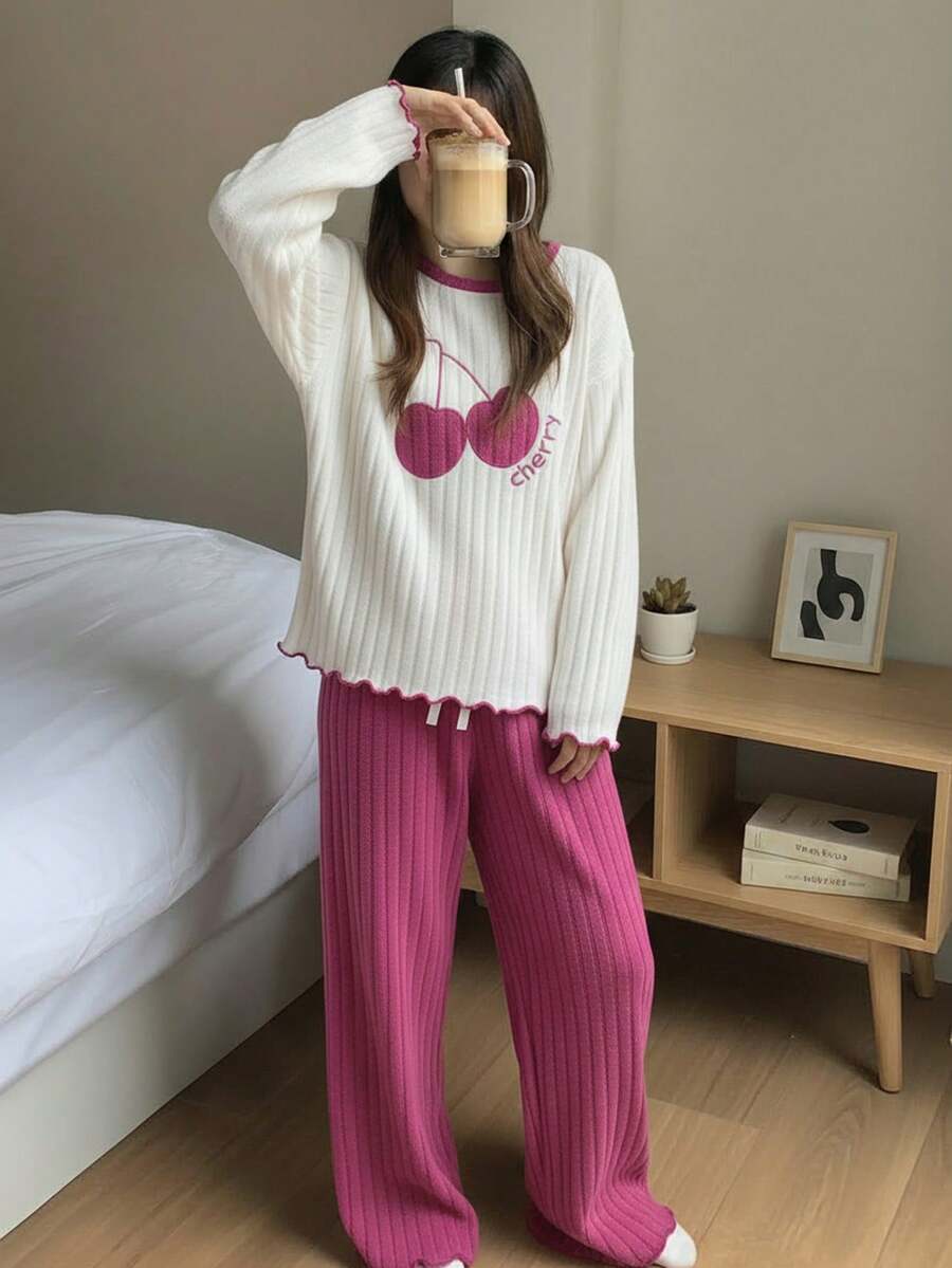 Bộ đồ ngủ 2 món họa tiết thêu chữ cherry thoải mái, dễ thương, rộng rãi cho bé gái, mùa đông - Màu Hồng Tươi - Xem 1