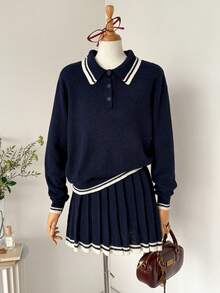 SHEIN Unity 女士迷你羊毛毛衣裙，百褶裙，复古学院风，适合秋季，返校季，日常穿着，复古时尚，约会，下午茶 - 藏蓝色 - 查看 2