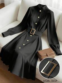 GlowEve 女士优雅圆领褶裥A字中长连衣裙，收腰设计，休闲通勤时尚，绿色长袖 - 黑色 - 查看 9