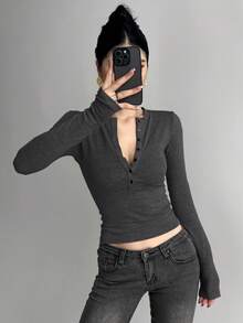 DAZY 女士半拉链长袖修身T恤