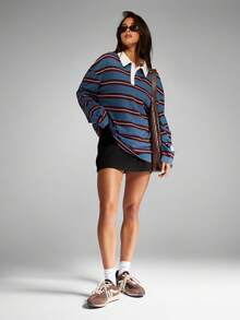 MISSGUIDED 棉质复古橄榄球 Polo 衫 超大长袖条纹领休闲冬秋季学院风 Y2K 街头服饰 - 彩色 - 查看 3