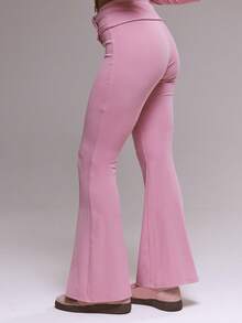 MUSERA Foldover Waist Popper Detail Fitted Flared Trousers Bottom Only  Cute Casual Cosy Summer - Pink - View 4