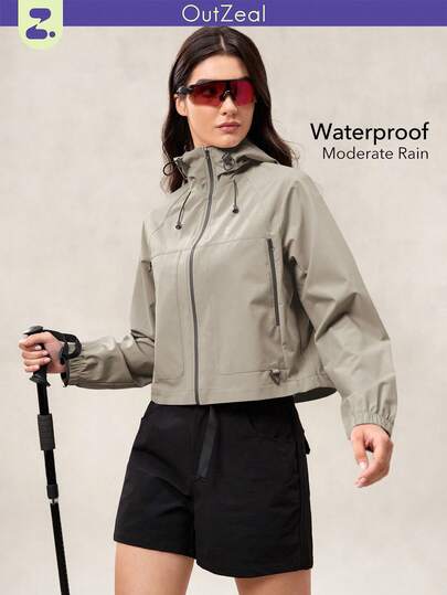 OutZeal Women Water-Resistant Zip Pocket Hood Cropped Outdoor Rain Jacket Hiking Camping Fall