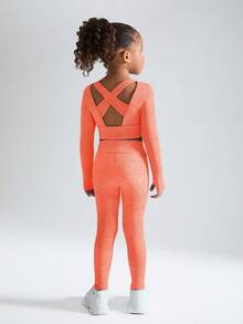 SHEIN Young Girls 2pcs Set, Round Neck Long Sleeve Backless Hollow Design Top And Skinny Pants, Casual Everyday Wear, Autumn Winter Fall Winter, Yoga, Gym - Burnt Orange - View 4