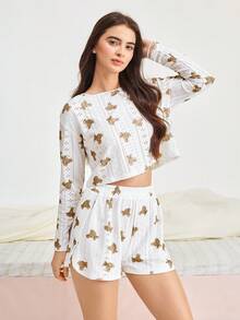 Bonmuse 2 pièces Ensemble de vêtements de nuit femme confortable avec imprimé ours creux, manches longues - Haut col rond + Short fendu sur le côté, tenue d'intérieur, vêtements d'automne - Blanc - Voir 7