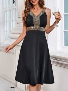 SHEIN Clasi Woven Ribbon Splicing Dress - Black - View 5