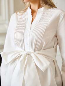 SHEIN Áo sơ mi dài tay cổ chữ V màu trơn thời trang cho bà bầu 2025 - trắng - Xem 3