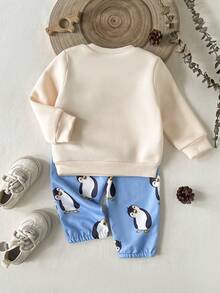 SHEIN 2 pièces Ensemble sweat-shirt à manches longues avec imprimé renne de Noël pour bébé garçon et pantalon en polaire à carreaux, automne - Bleu ciel - Voir 2