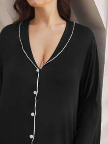 Ocili Plus Size Ribbed Comfortable Ruffle Collar Shell Button Nightgown, Cozy Outfit, Fall & Winter - Black - View 7