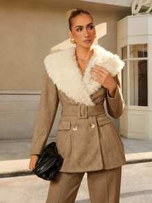 Lumalex 秋冬户外女装常规版型外套，配有仿羊羔绒领、腰带和口袋，女式粗花呢外套，女式外衣，女式粗花呢，舒适休闲，奢华百搭，适合舞会、聚会、宴会、低调奢华、闪耀夺目的节日派对、锐舞派对、音乐节、郊游、度假等场合，适合户外穿着，层次丰富，适合婚礼、宰牲节、新年等节日，适合寒冷天气，秋季新款女装 - 卡其色 - 查看 2