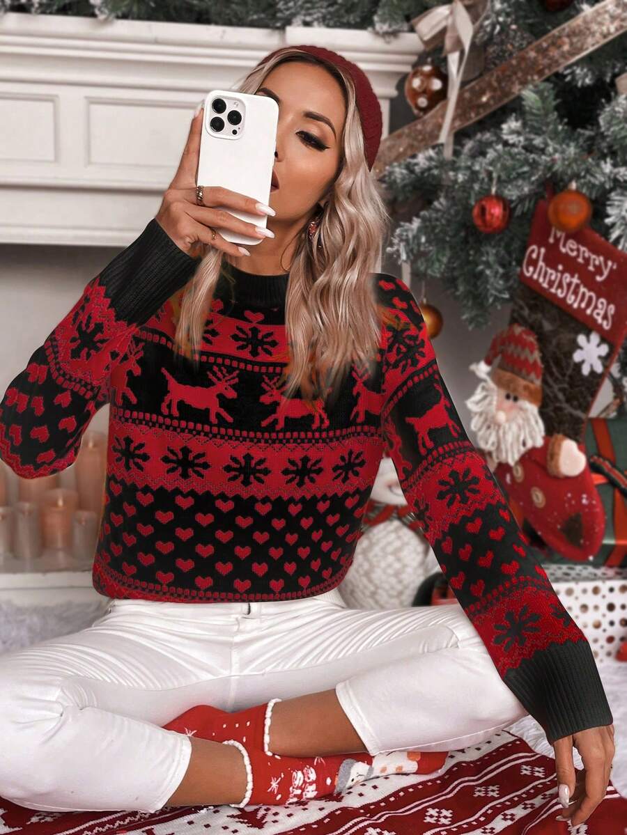 EMERY ROSE Women's Casual Reindeer Pattern Drop Shoulder Long Sleeve Sweater, Autumn/Winter - Red - View 1