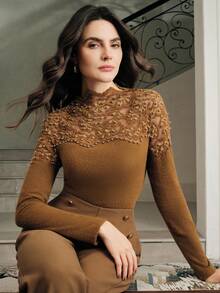Anewsta Elegante camiseta de mujer de manga larga con cuello redondo y encaje ajustado, adecuada para otoño, invierno, Año Nuevo, fiesta, boda, elegante, chic, estilosa, casual, Navidad, marrón - Óxido marrón - Ver 7
