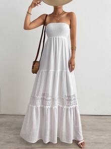 Breezaya 水溶蕾絲拼接荷葉邊抹胸連衣裙 - 白色 - 查看 6