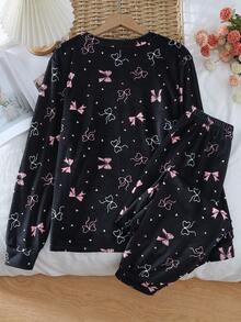 2 Piece Sets Teen GirlBow Print Velvet Long Sleeve Top And Pants Pajama Set Teen Long Sleeve Pajama Bow Pajamas Cute Pj Set Tween Girls Pajama Set Bow Teen Girl Clothes - Multicolor - View 2