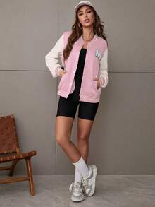 SHEIN Unity Women's Letter Embroidered Contrast Color Long Sleeve Single-Breasted Casual Baseball Jacket - Baby Pink - View 3