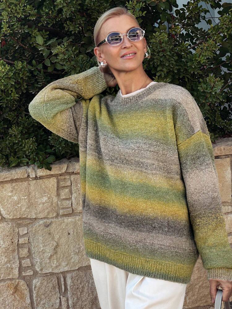 Women's Loose Fit Ombre Color Drop Shoulder Casual Sweater