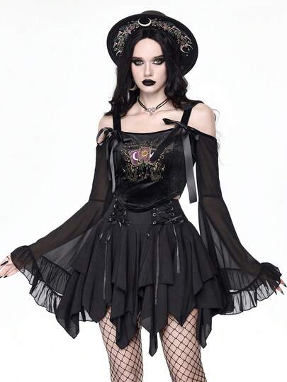 ROMWE Goth Mysterious Tarot Card & Celestial Embroidered Off Shoulder Flare Sleeve Velvet Top