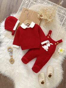 SHEIN 3 Pieces Baby Boy Girl Knitted Set,Cute Red And White Rabbit Bib Pants Jumpsuit,Long Sleeve Collared Sweater Romper With Hat,Autumn Winter Outfit - Red - View 3