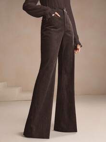Anewsta Women's Coffee Brown Corduroy Trousers With Rivet Pockets, Elegant Business Casual Flare Pants For Autumn/Winter - Coffee Brown - View 6