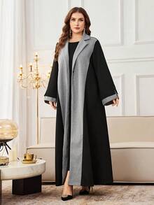 Al Najma Plus Size Casual Dragon & Phoenix Patchwork Lapel Collar Long Sleeve Loose Abaya, Suitable For Spring And Autumn