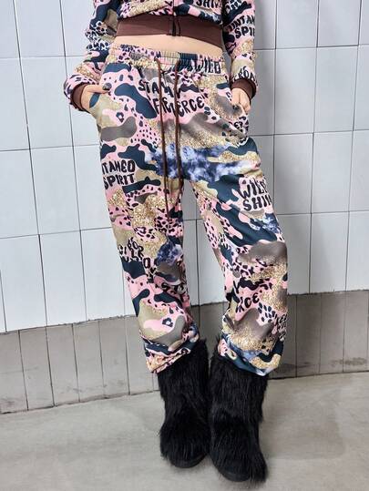 J-Fashion Women's Retro Y2K Baddie Street Camo Logo Graphic Sweatpants