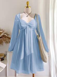 Comfortcana 大码浅蓝色休闲褶皱长袖连衣裙，秋冬款 - 淺藍色 - 查看 7