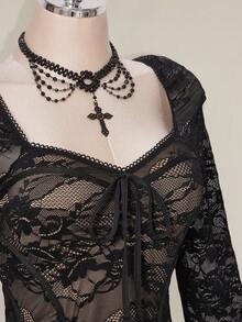SHEIN ICON 大码女式黑色蕾丝迷你连衣裙 - 黑色 - 查看 7