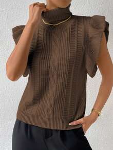 RosyDaze Women's Solid Color High Neck Cap Sleeve Ruffle Hem Fashionable Knit Sweater Vest - Coffee Brown - View 5