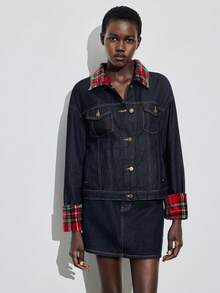 Maija American Retro Red Plaid Patchwork Denim Jacket, Loose Fit, Versatile Casual Jacket, Winter Thermal Lined Coat, Christmas. - Dark Wash - View 8