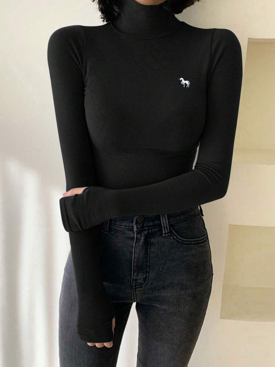 DAZY Women's Turtleneck Tight Fit Thermal Lining T-Shirt With Embroidery Pattern Long Sleeve - Black - View 1