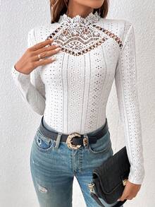 SHEIN Frenchy Guipure Adult Lace Insert Eyelet Embroidery Mock Neck Tee Bodysuit,Fall,Fall Clothes For Women,Women's Winter Clothes Casual White - White - View 3