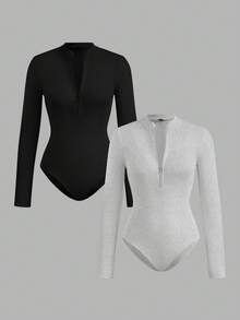 SHEIN EZwear 两件套黑色花卉图案灰色女士拉链高领连体衣套装，休闲长袖 - 彩色 - 查看 5