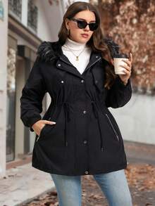 SHEIN Clasi Plus Size Women's Black Winter Casual Hiking Coat,Faux Fur Collar Hooded Zip-Up Jacket With Plush Lining,Drawstring Belt,Double Pockets,Warm Vintage - Black - View 6