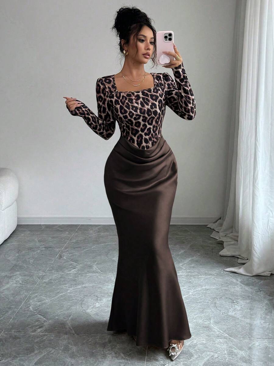 Elenzga Leopard Print Collared Long Sleeve Waist Cinched Bodycon Satin & Tweed Patchwork 2 In 1 Pleated Elegant French Chic Dress For Commute - Brown - View 1