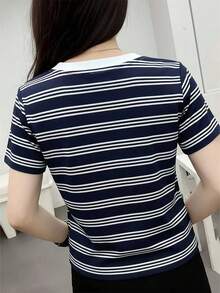 EMERY ROSE Casual Versatile Round Neck Short Sleeve Women T-Shirt - Navy Blue - View 2