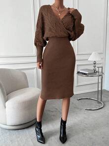 EMERY ROSE Batwing Sleeve Split Hem Wrap Sweater Dress Knitted Co Ord Setknitted Two Pieces Outfitsweater Skirt Setsweater Two Pieces Setwinter Two Pieces Set - Rust Brown - View 3