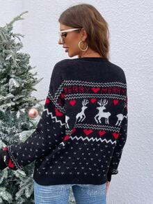 SHEIN LUNE Women's Oversized Reindeer Pattern Drop Shoulder Long Sleeve Sweater, Autumn/Winter - Black - View 2