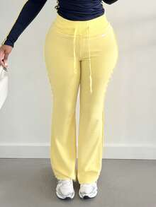 Alexandranx 女士休闲时尚运动紧身纯色薄款羊毛瑜伽裤 - 黃色 - 查看 3