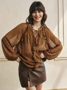 Cévolie Women's Tie Collar Patchwork Ruffle Lantern Sleeve Brown Chiffon Blouse