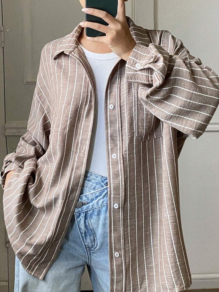 Women's Turndown Collar Long Sleeve Striped Loose Casual Shirt