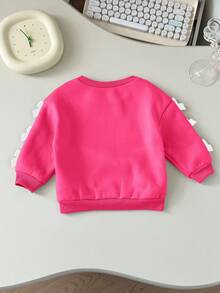 SHEIN 女婴可爱百搭米色蝴蝶结长袖卫衣，秋冬季 - 玫紅色 - 查看 2