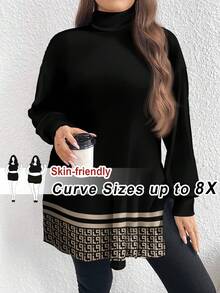 SHEIN CURVE+ Camiseta de manga larga holgada casual con estampado de rayas y geométrico para mujer de talla grande - Negro - Ver 1