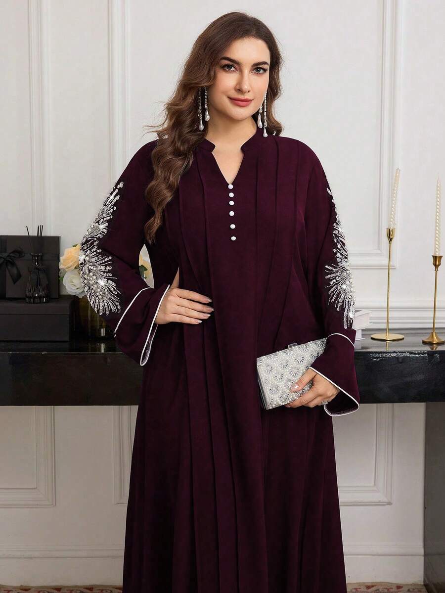 Al Najma Đầm dài tay rộng rãi cổ tròn đính hạt cỡ lớn cho nữ, mùa xuân/thu - Màu Đỏ Sâu - Xem 1