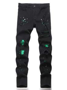 Manfinity Roughcore Men's Pocket Distressed Skinny Casual Jeans Drip Jeans Men Splash Ink Jeans Men Black Ripped Jeans