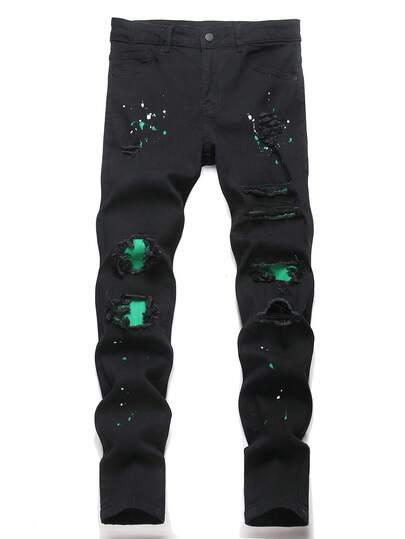 Manfinity Roughcore Blugi skinny casual pentru bărbați, cu aspect uzat, cu buzunar